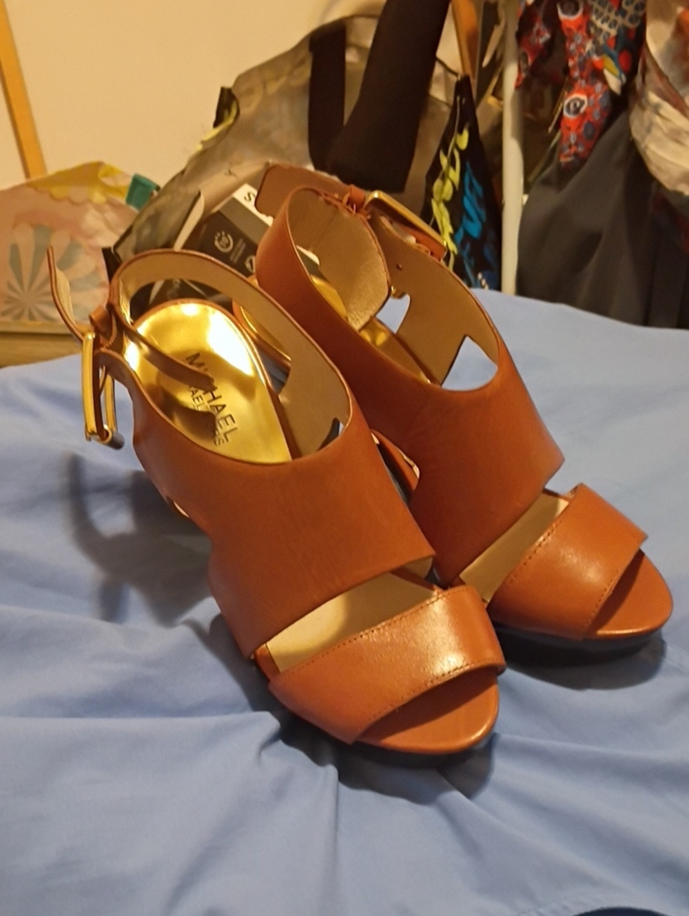 Michael Kors Cognac Brown Leather Open-Toe Slingback Heels